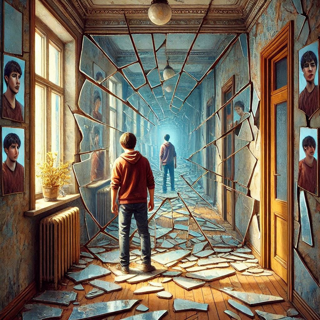 Corredor visto por um espelho fragmentado, ilustração para o poema Debris