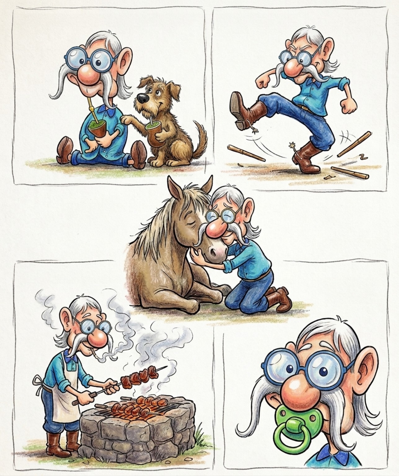 Tira ilustrada de Apolônio Lacerda em cenas campeiras com cachorro, cavalo, churrasco e muito humor