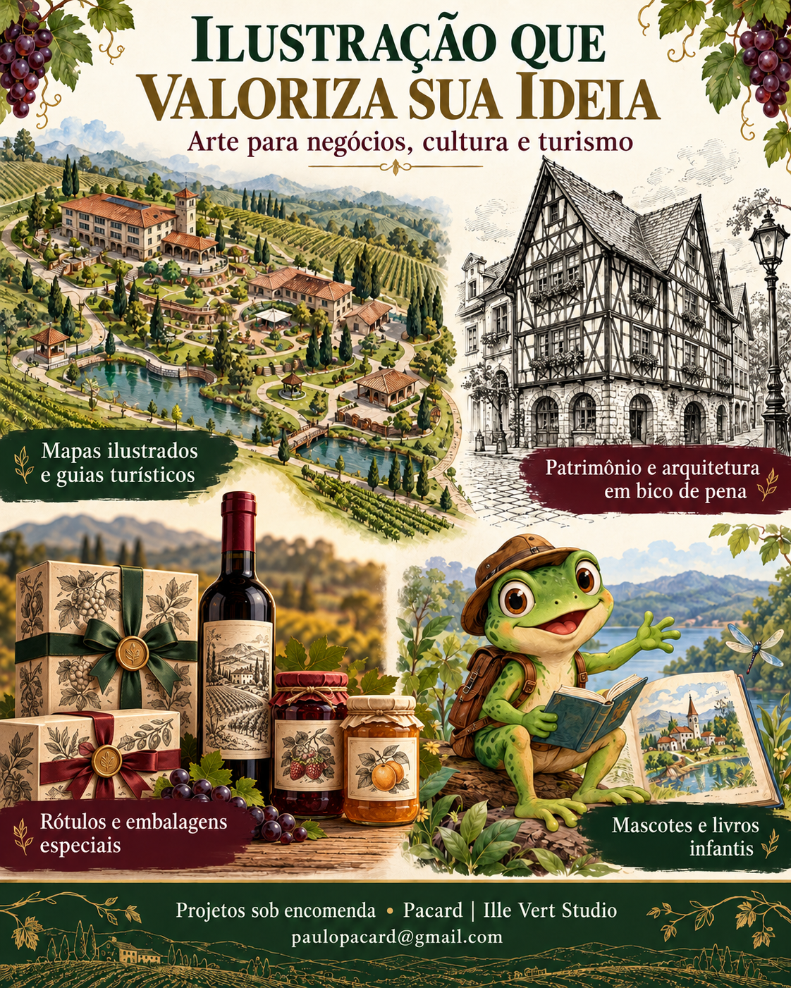 Card com mapas ilustrados, patrimônio em bico de pena, embalagens especiais e mascotes infantis